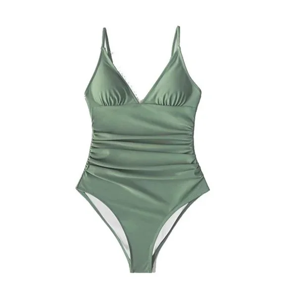 NEW Green Women's One Piece Swimsuit Tummy Control V Neck Bathing Suit sz M - Picture 4 of 10